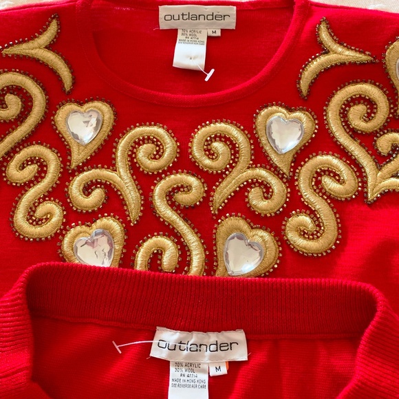 VTG 80s Holiday Festive 2-Pc Red Skirt & Sweater Set Gold Embellished Hearts Med - Picture 5 of 8